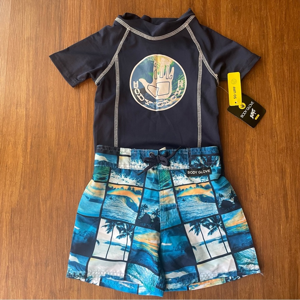 Body Glove Swim Set Boys 4 Rash Guard Shirt Bathing Suit Trunks Shorts UPF 50+